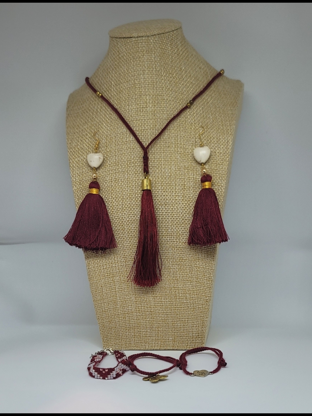Boho Maroon Tassel Necklace, 3 Adjustable Bracelets & Earring Set | NWOT